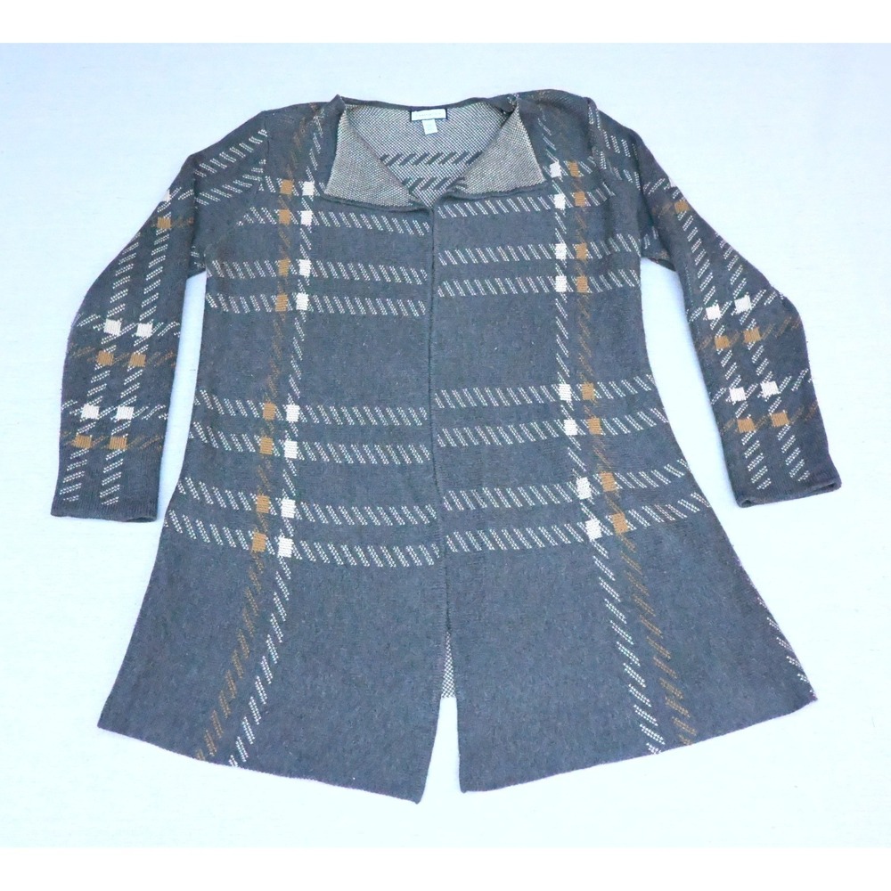 Charter Club Womens L Grey Plaid Long Open Front Cardigan Jacquard Knit